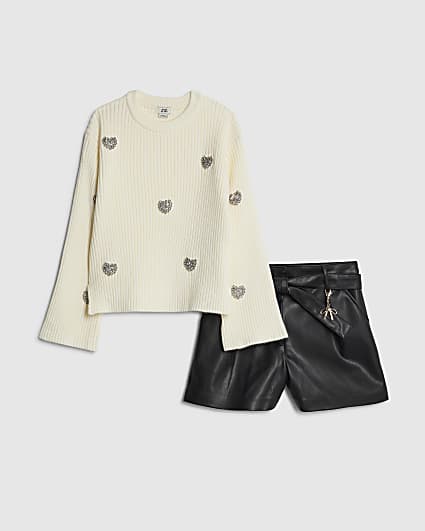 Girls White Embellished Heart Jumper Set