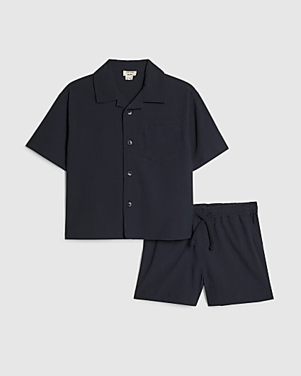 Mini Boys Navy Textured Shirt Set