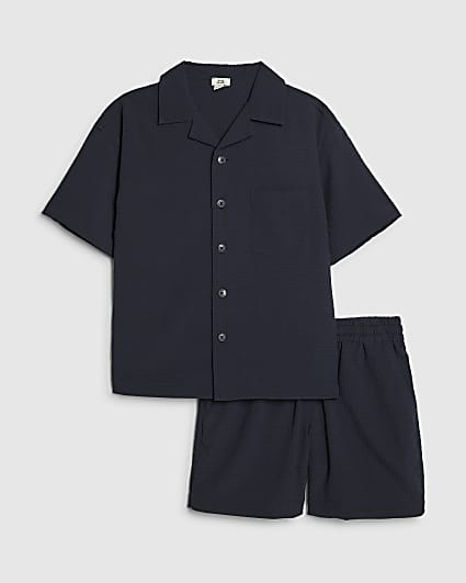 Boys Navy Textured Shirt Set