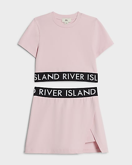 Girls Pink RI Waistband T-Shirt And Skort Set