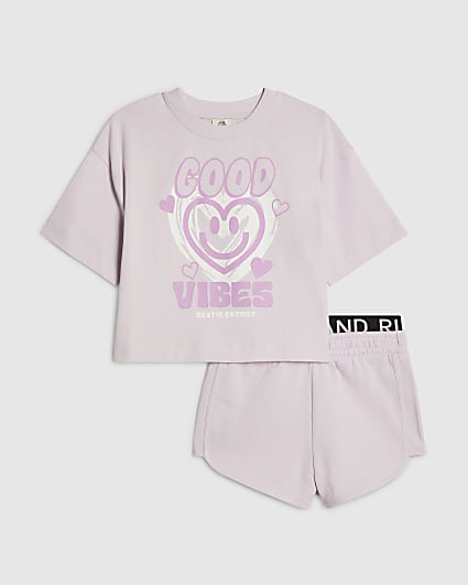 Girls Purple Smiley T-Shirt and Shorts Set
