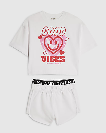 Girls White Good Vibes Smiley T-Shirt Set