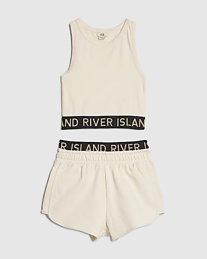 Girls Cream Tank Top And Shorts Set