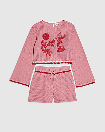Girls Pink Crochet Shorts Set