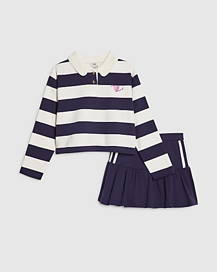 Girls Navy Stripe Polo Shirt And Skort Set