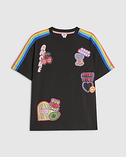 Girls Black Badges Rainbow Stripe T-Shirt