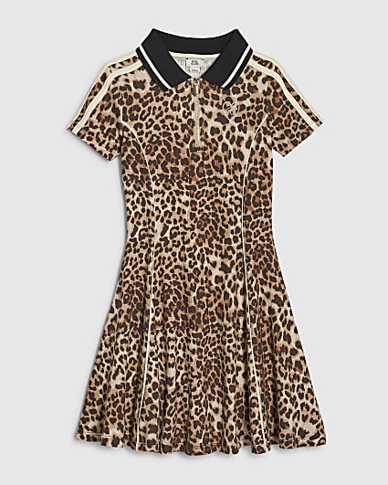 Girls Brown Leopard Print Polo Dress