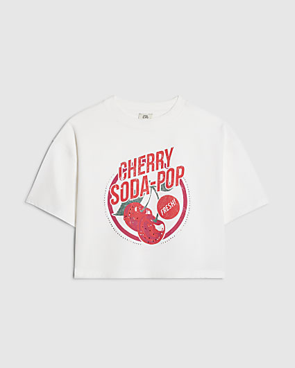 Girls White Cherry Soda Cropped T-Shirt