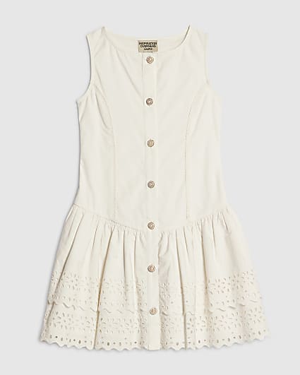 Girls White Dropped Waist Beaded Dress