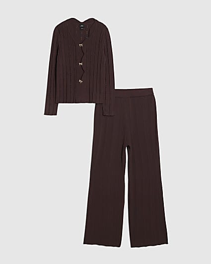 Girls Brown Textured Top And Trousers Set