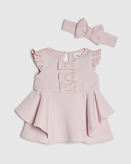 Baby Girls Pink Frill Sleeve Bow Dress Set