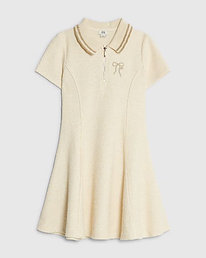 Girls Cream Boucle Bow Polo Dress