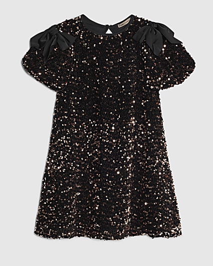 Girls Brown Sequin Bow Dress