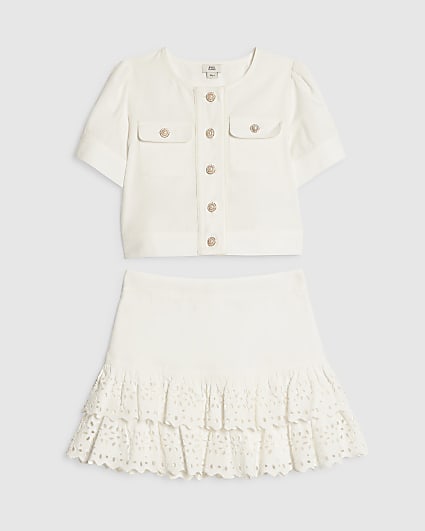 Girls White Broderie Hem Skirt Set