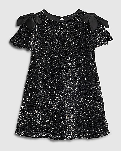 Girls Black Sequin Bow Dress