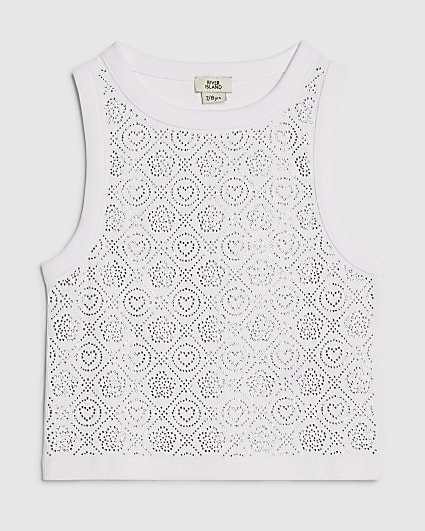 Girls White RI Diamante Tank Top