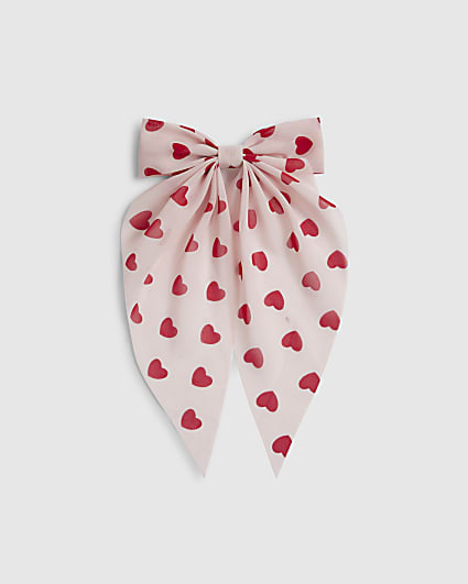 Girls Pink Heart Print Hair Bow