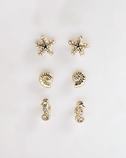 Girls Gold Sealife Pack Of 3 Stud Earrings
