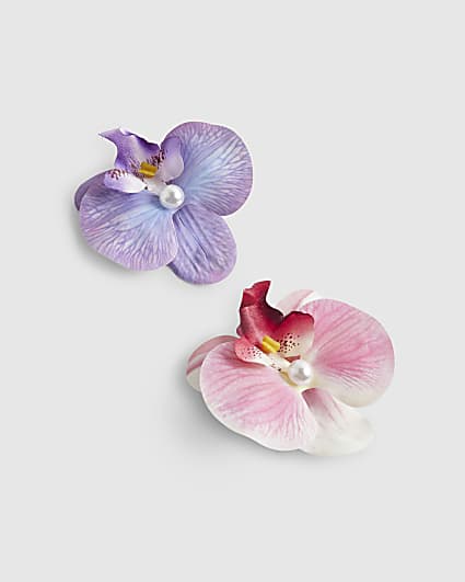 Girls Pink Orchid Flower Pack Of 2 Hair Clips