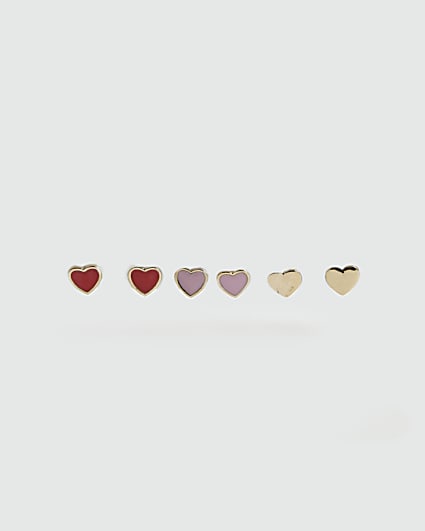 Girls Red Heart Studs 3 Pack