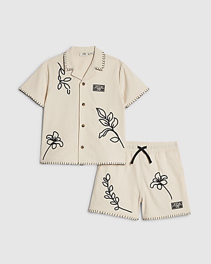 Mini Boys Beige Embroidered Swim Set