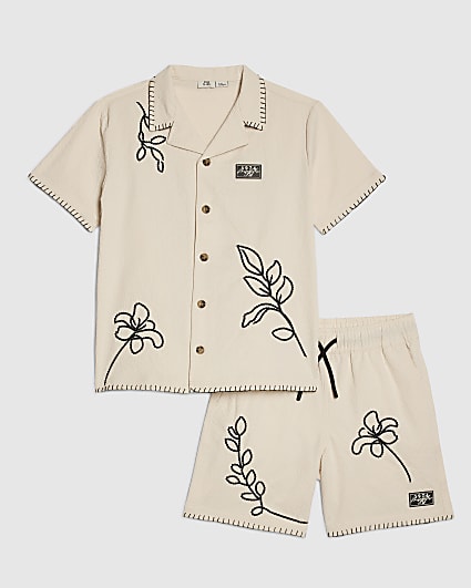 Boys Beige Embroidered Swim Set