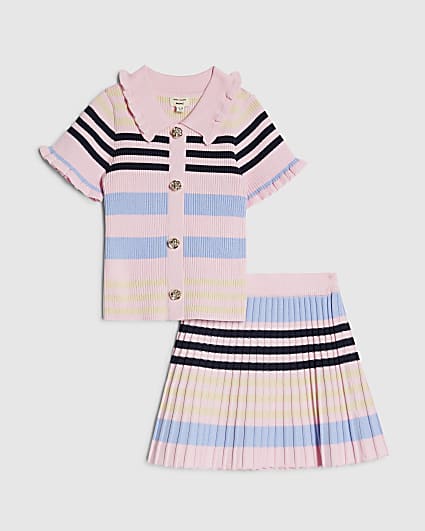 Mini Girls Pink Stripe Polo Shirt Set