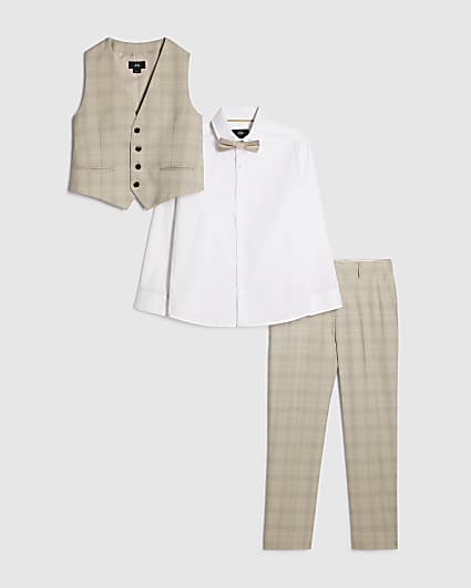 Boys Beige Check Waistcoat 4 Piece Set