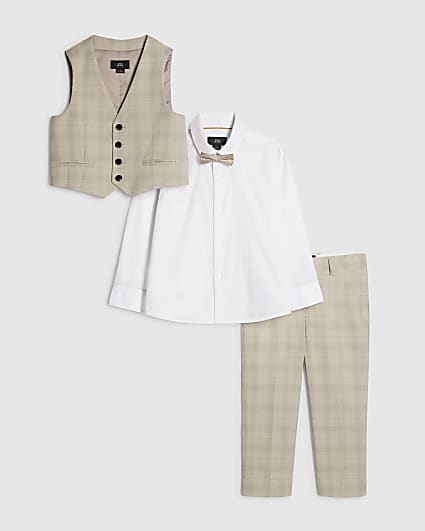 Mini Boys Beige Check Waistcoat 4 Piece Set