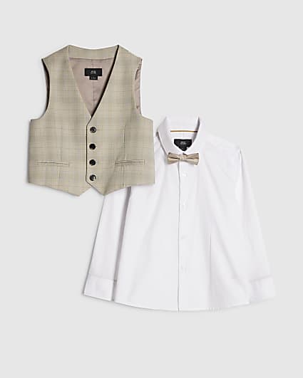 Boys Beige Check Waistcoat 3 Piece Set