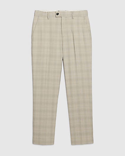 Boys Beige Tailored Check Suit Trousers