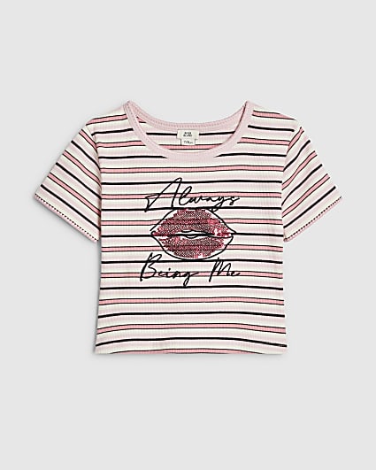 Girls Pink Stripe Sequin Lips T-Shirt