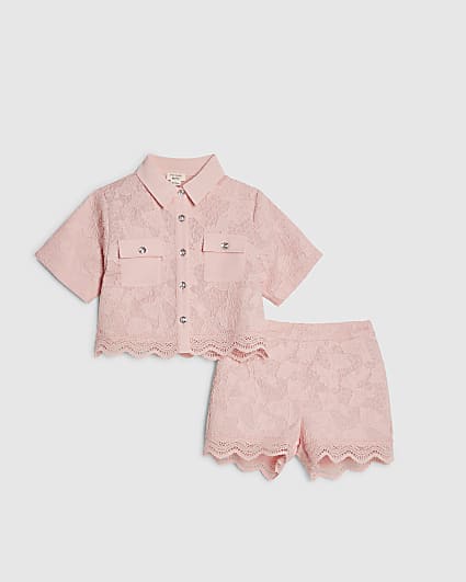 Mini Girls Pink Lace Blouse And Shorts Set