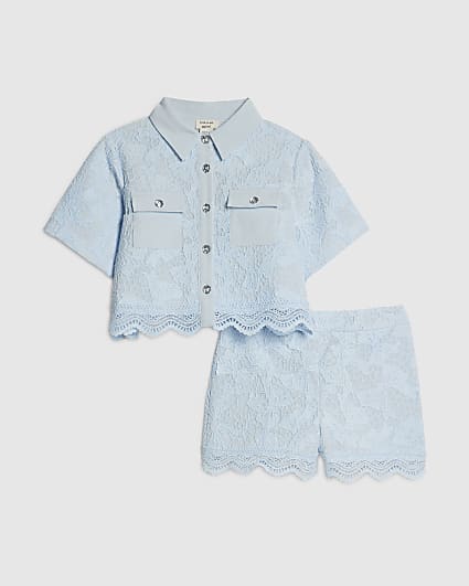Mini Girls Blue Lace Blouse And Shorts Set