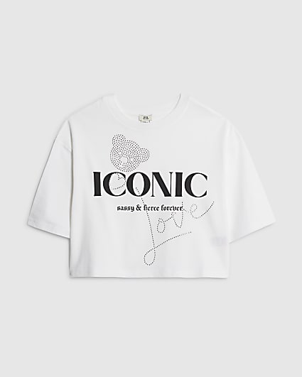 Girls White Diamante Hotfix T-Shirt