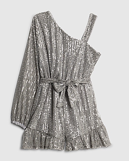 Girls Silver Sequin One Shoulder Playsuit