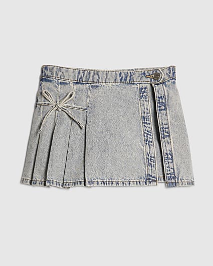 Girls Blue Bow Pleated Denim Skort