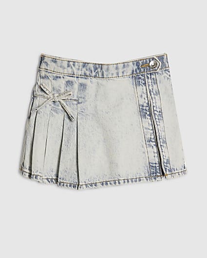 Mini Girls Blue Bow Pleated Denim Skort
