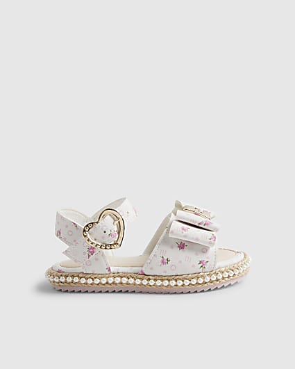 Mini Girls White Ditsy Rose Bow Sandals