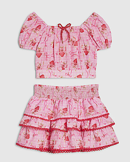 Mini Girls Pink Strawberry Bow Skirt Set