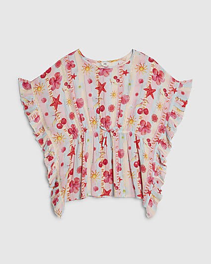 Girls Blue Beach Print Stripe Kaftan