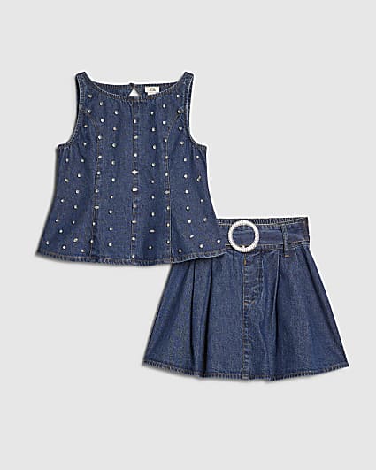 Girls Blue Embellished Peplum Skirt Set