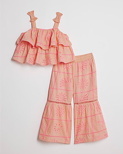 Mini Girls Coral Tiered Broderie Top Set