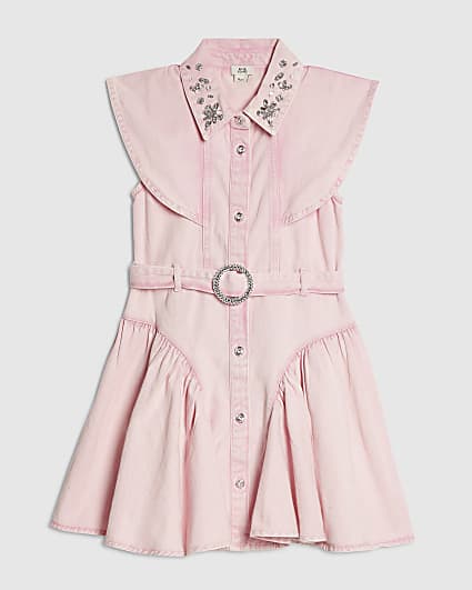 Girls Pink Denim Prom Shirt Dress