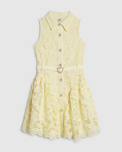 Girls Yellow Bow Lace Belted Dress