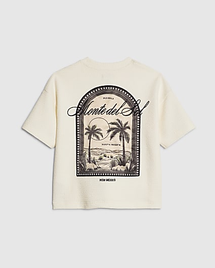 Mini Boys Cream Textured Palm Tree T-Shirt