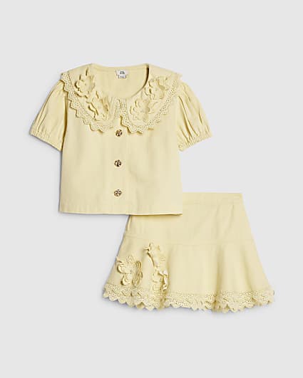 Girls Yellow Floral Pearl Shirt Set