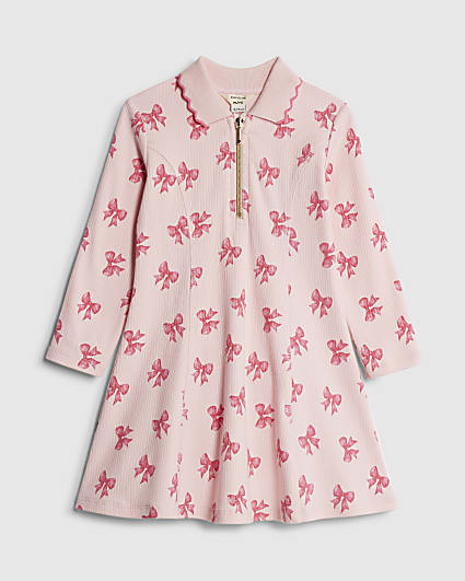 Mini Girls Pink Bow Ribbed Polo Dress