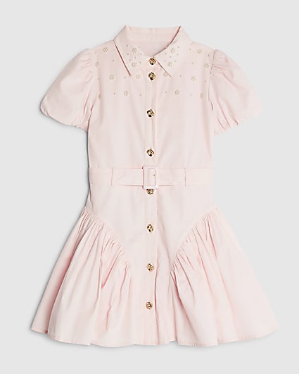 Girls Pink Embellished Shirt Dress