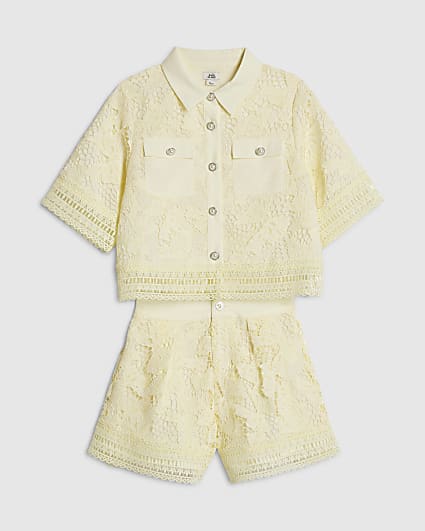 Girls Yellow Lace Blouse And Shorts Set